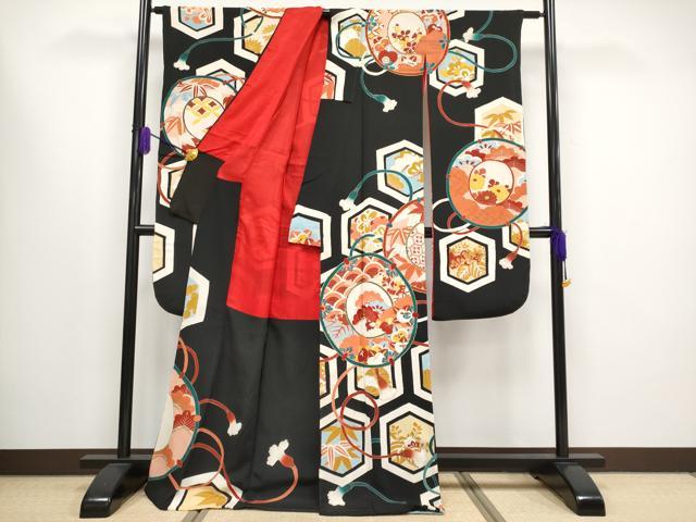平和屋本店●極上 アンティーク 大正ロマン 振袖 駒刺繍 亀甲鏡裏文 黒地 金彩 逸品 CYAA1583s5