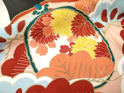 平和屋本店●極上 アンティーク 大正ロマン 振袖 駒刺繍 亀甲鏡裏文 黒地 金彩 逸品 CYAA1583s5