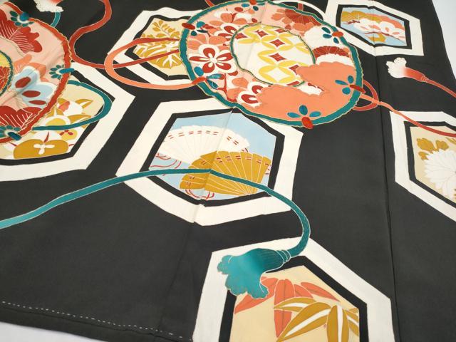 平和屋本店●極上 アンティーク 大正ロマン 振袖 駒刺繍 亀甲鏡裏文 黒地 金彩 逸品 CYAA1583s5