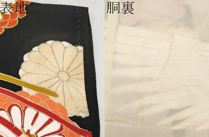 平和屋本店■極上　アンティーク　大正ロマン　振袖　駒刺繍　飛鶴檜扇花文　黒地　金彩　逸品　CYAA1593s5