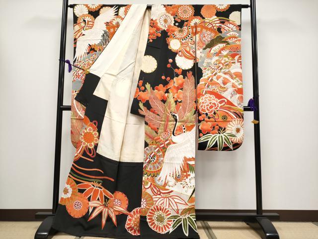 平和屋本店■極上　アンティーク　大正ロマン　振袖　駒刺繍　飛鶴檜扇花文　黒地　金彩　逸品　CYAA1593s5