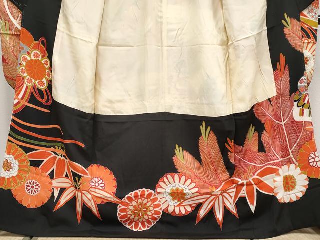 平和屋本店■極上　アンティーク　大正ロマン　振袖　駒刺繍　飛鶴檜扇花文　黒地　金彩　逸品　CYAA1593s5
