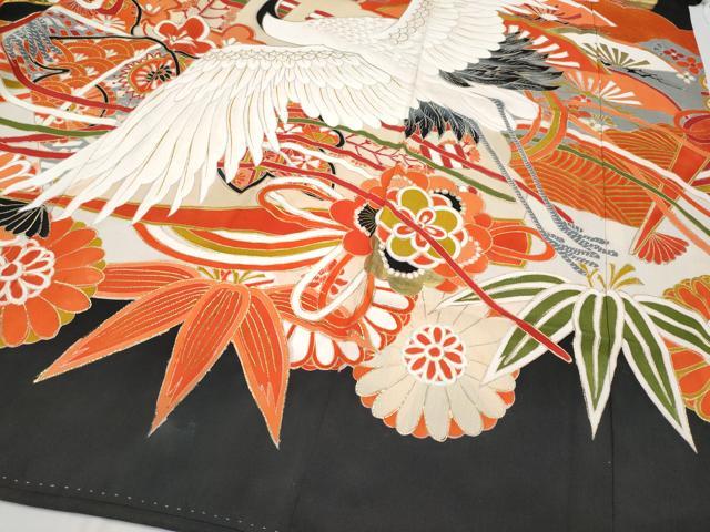 平和屋本店■極上　アンティーク　大正ロマン　振袖　駒刺繍　飛鶴檜扇花文　黒地　金彩　逸品　CYAA1593s5