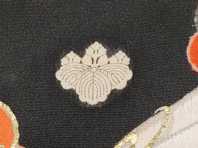 平和屋本店■極上　アンティーク　大正ロマン　振袖　駒刺繍　飛鶴檜扇花文　黒地　金彩　逸品　CYAA1593s5