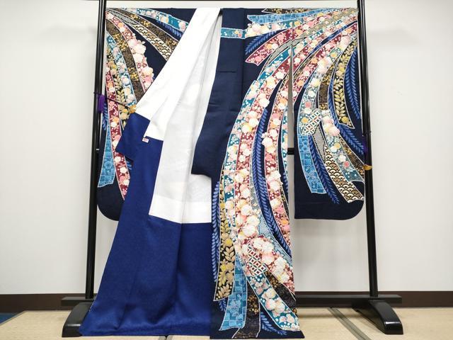 平和屋本店●極上 越後十日町の一流染匠 桐屋・翠山工房 振袖 辻が花 絞り 金通し地 濃紺地 逸品 CYAA1621s5