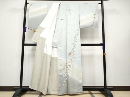 平和屋本店■極上　山口美術織物　皇室　伊勢神宮御用　西陣織　訪問着　総刺繍　檜扇枝垂れ花文　暈し染　金銀彩　白藍色 逸品 CYAA1641s5
