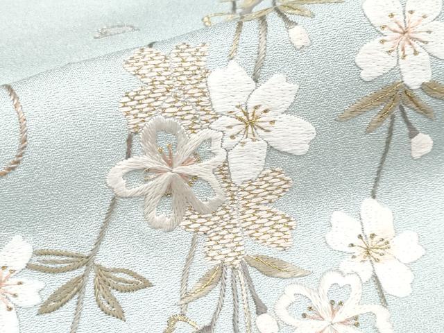 平和屋本店■極上　山口美術織物　皇室　伊勢神宮御用　西陣織　訪問着　総刺繍　檜扇枝垂れ花文　暈し染　金銀彩　白藍色 逸品 CYAA1641s5