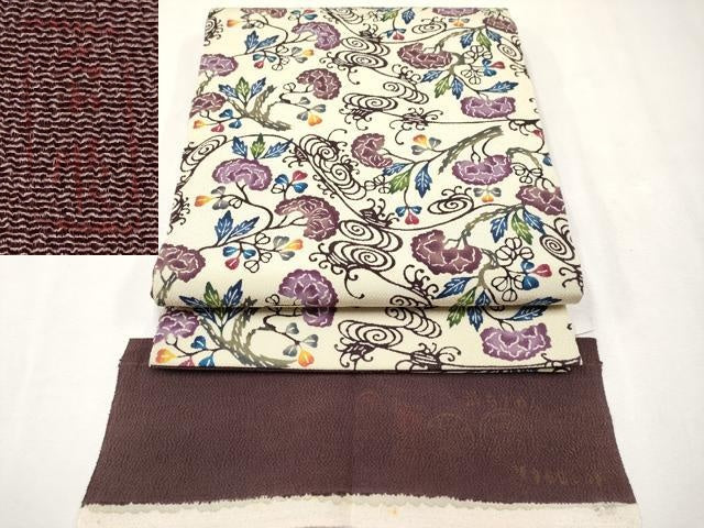 平和屋本店■最高級　城間栄順　本場琉球紅型　九寸開き名古屋帯　光琳枝花文　鬼しぼ縮緬　反端付き　逸品　CYAA1670s5