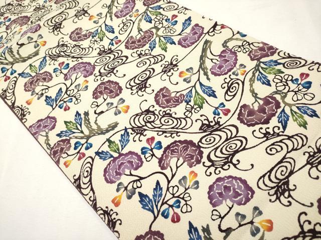 平和屋本店■最高級　城間栄順　本場琉球紅型　九寸開き名古屋帯　光琳枝花文　鬼しぼ縮緬　反端付き　逸品　CYAA1670s5