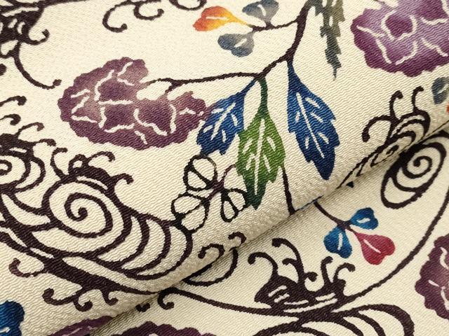 平和屋本店■最高級　城間栄順　本場琉球紅型　九寸開き名古屋帯　光琳枝花文　鬼しぼ縮緬　反端付き　逸品　CYAA1670s5