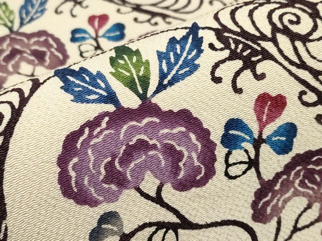 平和屋本店■最高級　城間栄順　本場琉球紅型　九寸開き名古屋帯　光琳枝花文　鬼しぼ縮緬　反端付き　逸品　CYAA1670s5