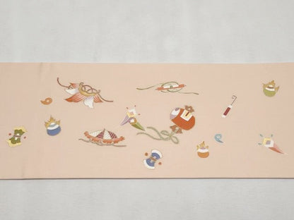 平和屋本店■極上　塩瀬　九寸名古屋帯　刺繍　兎　宝尽くし　金彩　薄香色地　逸品　CYAA1701s5