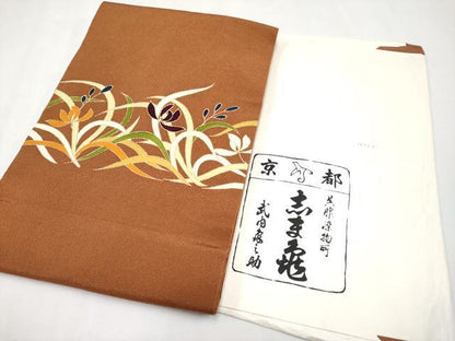 平和屋本店●極上 銀座 志ま亀 九寸名古屋帯 草花文 金彩 鬼しぼ縮緬 灰茶色地 たとう紙付き 逸品 CYAA1709s5