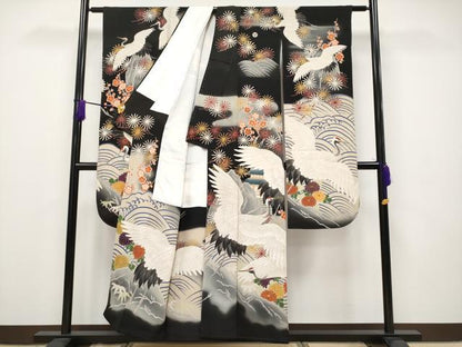 平和屋本店●極上 アンティーク 大正ロマン 振袖・長襦袢・丸帯セット 相良刺繍 駒刺繍 手描き 飛鶴風景文 黒地 金彩 逸品 CYAA1755s5