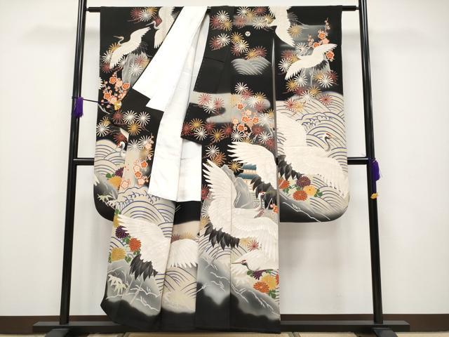 平和屋本店●極上 アンティーク 大正ロマン 振袖・長襦袢・丸帯セット 相良刺繍 駒刺繍 手描き 飛鶴風景文 黒地 金彩 逸品 CYAA1755s5