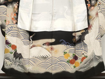 平和屋本店●極上 アンティーク 大正ロマン 振袖・長襦袢・丸帯セット 相良刺繍 駒刺繍 手描き 飛鶴風景文 黒地 金彩 逸品 CYAA1755s5