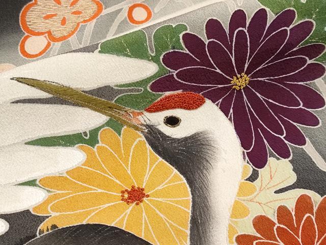 平和屋本店●極上 アンティーク 大正ロマン 振袖・長襦袢・丸帯セット 相良刺繍 駒刺繍 手描き 飛鶴風景文 黒地 金彩 逸品 CYAA1755s5