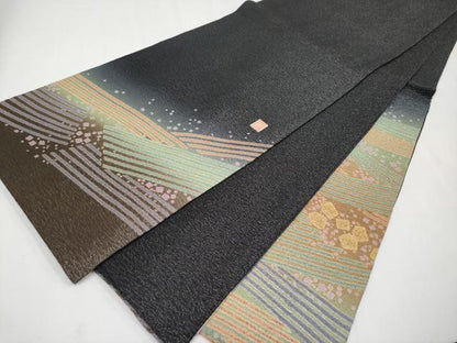 平和屋本店●極上 十日町 名門 滝泰謹製 太鼓柄袋帯 相良刺繍 舞花文 黒地 銀通し地 逸品 CYAA1791s5