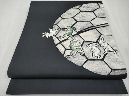 平和屋本店■極上　両面　太鼓柄袋帯　紬地　鳥獣戯画　黒地　逸品　CYAA1817s5