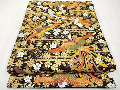 平和屋本店●極上 西陣 河合美術織物謹製 六通柄袋帯 唐織 鳳凰エ霞花文 黒地 金糸 逸品 CYAA1821s5
