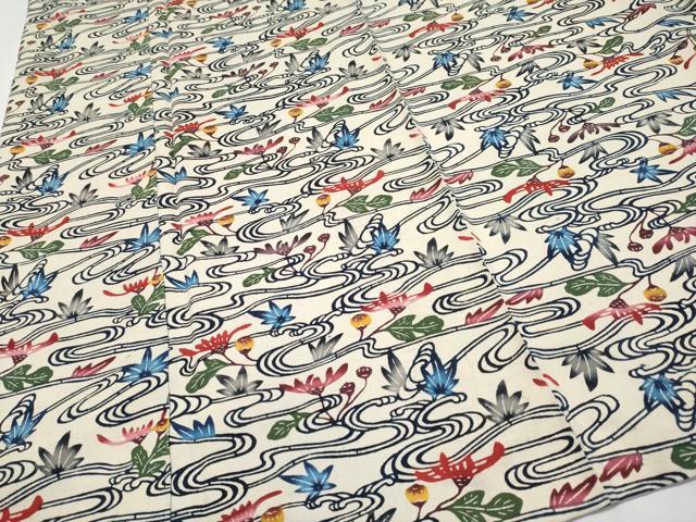 平和屋本店■希少　城間栄喜　琉球紅型　小紋　流水草花文　白地　反端付き　逸品　CYAA1831s5