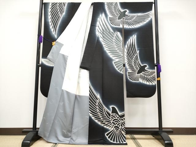 平和屋本店■極上　染色作家　斉藤三才　振袖・長襦袢・袋帯セット　三才鳥　暈し染め　黒地　逸品　CYAA1834s5