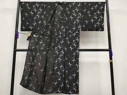平和屋本店＊極上 男性 夏物 小紋 市松紋紗 雪輪シルエット 黒地 逸品 CYAA1848s5