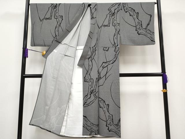 平和屋本店▽極上 男性 小紋 単衣 竹万筋 枝文 黒地 逸品 CYAA1851s5