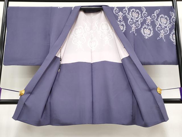 平和屋本店＃極上 長羽織 三眠蚕 まるまん 花唐草文 金銀彩 反端付き 深紫色地 逸品 CYAA1852s5