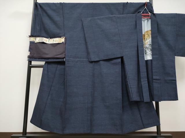 平和屋本店■極上　男性　結城紬　杢　アンサンブル　キングサイズ　濃紺地　証紙・反端付き　逸品　CYAA1881s5