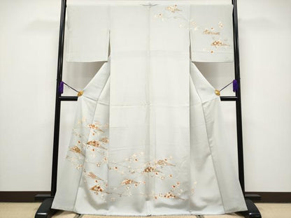 平和屋本店■極上　銀座きしや　訪問着　駒刺繍　扇面枝花文　金彩　柳鼠色地　逸品　CYAA1886s5