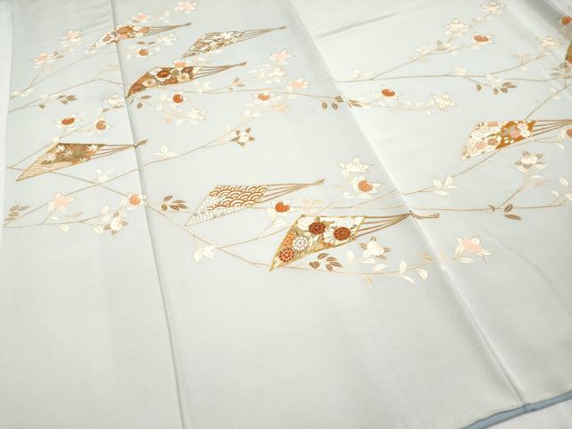 平和屋本店■極上　銀座きしや　訪問着　駒刺繍　扇面枝花文　金彩　柳鼠色地　逸品　CYAA1886s5