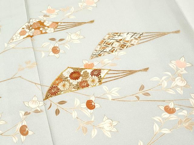 平和屋本店■極上　銀座きしや　訪問着　駒刺繍　扇面枝花文　金彩　柳鼠色地　逸品　CYAA1886s5