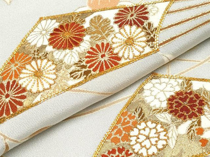 平和屋本店■極上　銀座きしや　訪問着　駒刺繍　扇面枝花文　金彩　柳鼠色地　逸品　CYAA1886s5