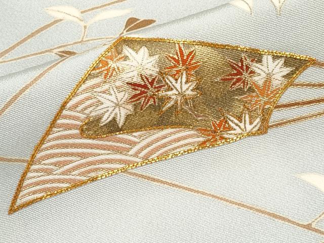 平和屋本店■極上　銀座きしや　訪問着　駒刺繍　扇面枝花文　金彩　柳鼠色地　逸品　CYAA1886s5
