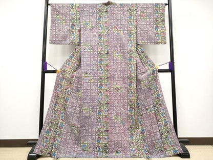 平和屋本店■極上　紬　単衣　型染め　格子花鳥文　逸品　CYAA1890s5