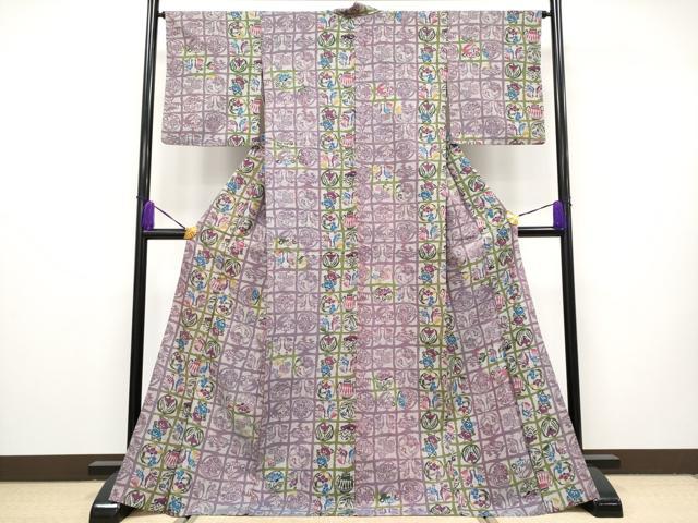 平和屋本店■極上　紬　単衣　型染め　格子花鳥文　逸品　CYAA1890s5