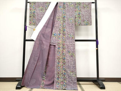 平和屋本店■極上　紬　単衣　型染め　格子花鳥文　逸品　CYAA1890s5