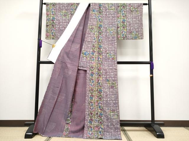 平和屋本店■極上　紬　単衣　型染め　格子花鳥文　逸品　CYAA1890s5