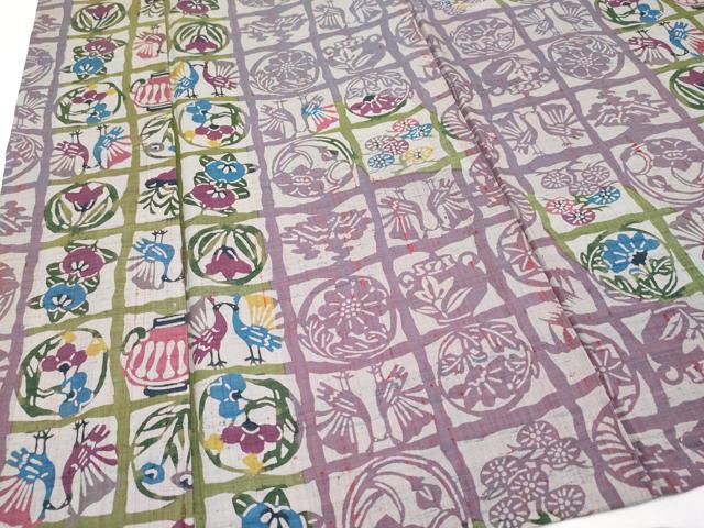 平和屋本店■極上　紬　単衣　型染め　格子花鳥文　逸品　CYAA1890s5