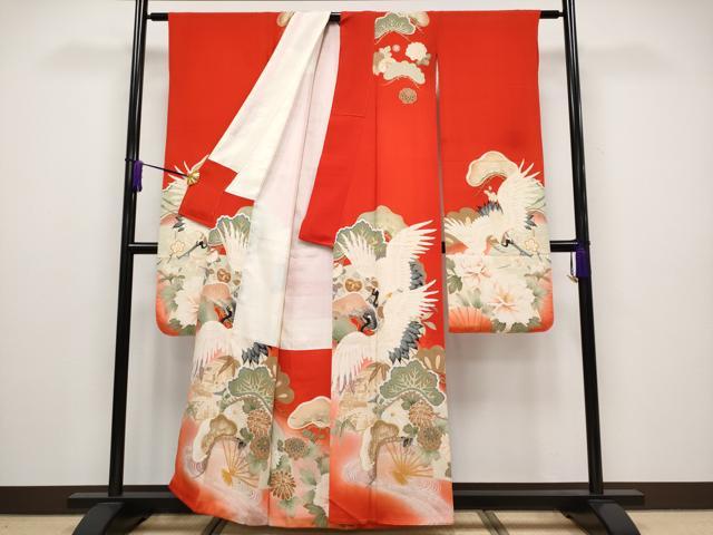 平和屋本店■極上　アンティーク　大正ロマン　中国三大刺繍　相良刺繍　振袖　飛鶴扇面枝花文　暈し染め　紅緋色地　逸品　CYAA1899s5