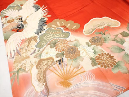 平和屋本店■極上　アンティーク　大正ロマン　中国三大刺繍　相良刺繍　振袖　飛鶴扇面枝花文　暈し染め　紅緋色地　逸品　CYAA1899s5