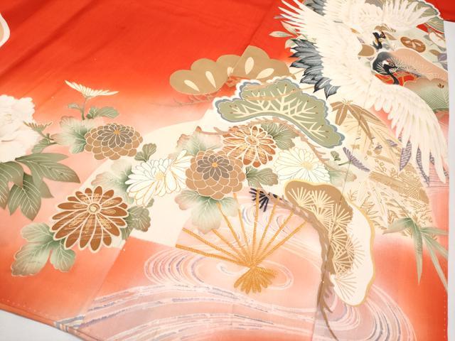平和屋本店■極上　アンティーク　大正ロマン　中国三大刺繍　相良刺繍　振袖　飛鶴扇面枝花文　暈し染め　紅緋色地　逸品　CYAA1899s5