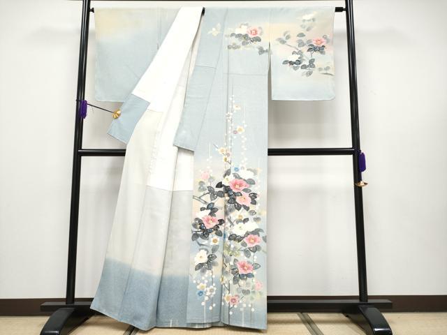 平和屋本店●極上 人間国宝・羽田登喜男 訪問着 椿 梅 暈し染め 水色地 逸品 未使用 CYAA1932s5