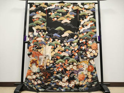 平和屋本店■極上　アンティーク　大正ロマン　中国三大刺繍　相良刺繍　振袖　駒刺繍　飛鶴御所車枝花文　黒地　金彩　逸品　CYAA1943s5