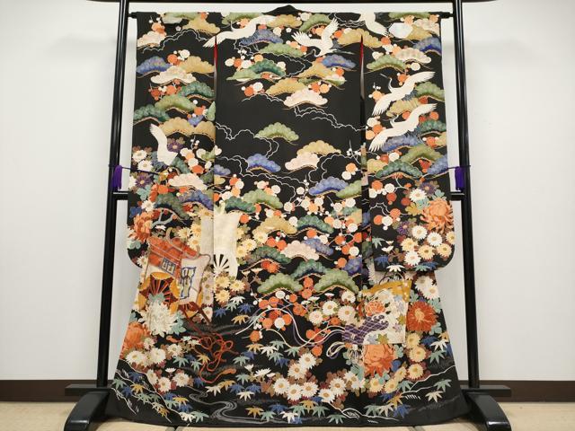 平和屋本店■極上　アンティーク　大正ロマン　中国三大刺繍　相良刺繍　振袖　駒刺繍　飛鶴御所車枝花文　黒地　金彩　逸品　CYAA1943s5