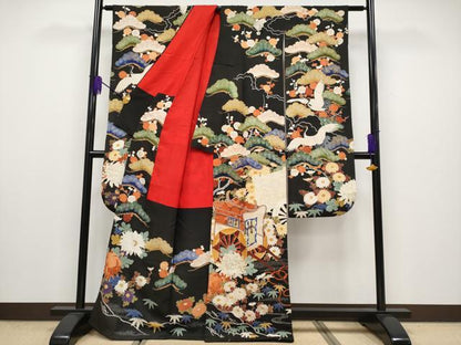 平和屋本店■極上　アンティーク　大正ロマン　中国三大刺繍　相良刺繍　振袖　駒刺繍　飛鶴御所車枝花文　黒地　金彩　逸品　CYAA1943s5