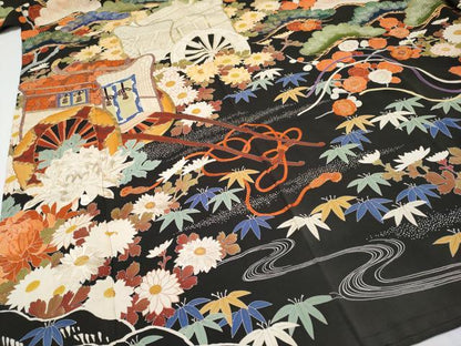 平和屋本店■極上　アンティーク　大正ロマン　中国三大刺繍　相良刺繍　振袖　駒刺繍　飛鶴御所車枝花文　黒地　金彩　逸品　CYAA1943s5