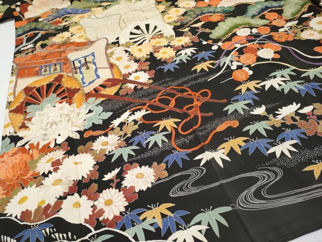 平和屋本店■極上　アンティーク　大正ロマン　中国三大刺繍　相良刺繍　振袖　駒刺繍　飛鶴御所車枝花文　黒地　金彩　逸品　CYAA1943s5