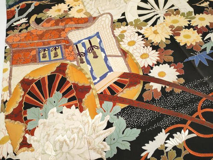 平和屋本店■極上　アンティーク　大正ロマン　中国三大刺繍　相良刺繍　振袖　駒刺繍　飛鶴御所車枝花文　黒地　金彩　逸品　CYAA1943s5